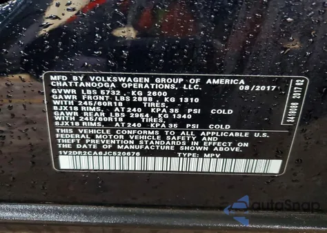 2018 Volkswagen Atlas Se z USA, uszkodzony, nr VIN 1V2DR2CA6JC520676